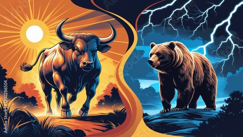 An allegory of the financial market: the bull, symbol of growth and positivity, and the bear, symbol of decline and negativity, face each other in an eternal battle. An image that reflects the constan photo