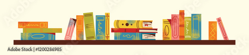 Bookshelves, books, stack of books set and reading illustration. Flat cartoon vector style. Book exchange crossing Bookstore, bookshop, library, book lover, bibliophile, education. Literature and read