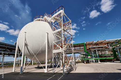 Photography Gas holder at a chemical plant surrounded by industrial infrastructure in clear