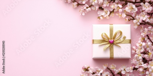 A beautifully wrapped gift box adorned with a luxurious gold ribbon and a delicate bow, radiating love and excitement for Valentine's Day surprises.