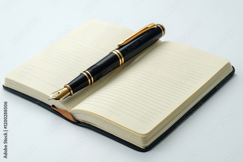 Elegant fountain pen resting on a textured leather notebook with lined pages for note-taking or writing inspiration Elegant fountain pen resting on a textured leather notebook with lined pages for note-taking or writing inspiration