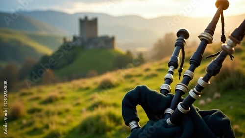 A bagpipe surrounded by traditional notes, set against the backdrop of rolling green hills and a distant castle. The scene evokes the spirit of Scottish heritage, filled with folklore and natural beau photo