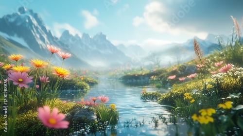 Mountain River and Flowers