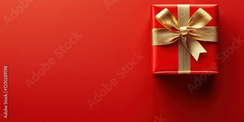 A dazzling red gift box adorned with a luxurious gold ribbon, resting on a vibrant red background, perfect for expressing love this Valentine's Day.