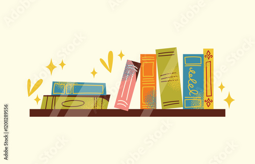 Bookshelves, books, stack of books set and reading illustration. Flat cartoon vector style. Book exchange crossing Bookstore, bookshop, library, book lover, bibliophile, education. Literature and read