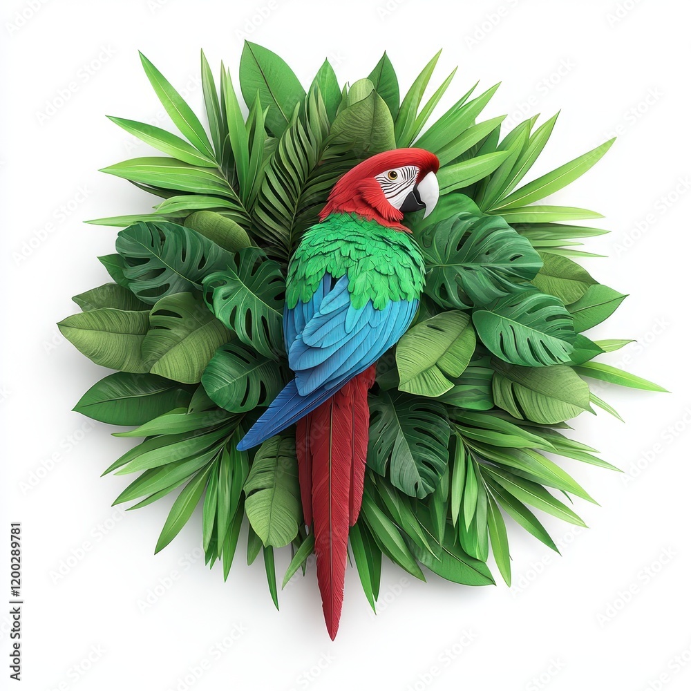 Obraz premium Vibrant Macaw Perched Among Lush Tropical Greenery and Leaves