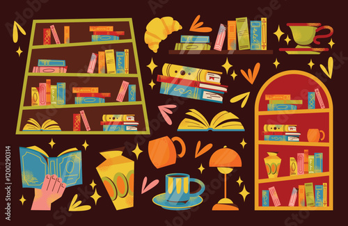 Bookshelves, books, stack of books set and reading illustration. Flat cartoon vector style. Book exchange crossing Bookstore, bookshop, library, book lover, bibliophile, education. Literature and read