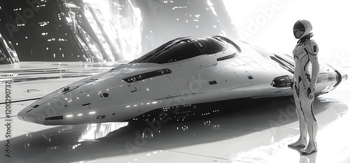 Fototapeta Naklejka Na Ścianę i Meble -  Astronaut futuristic spaceship city background. Sci-fi travel concept