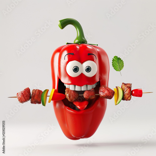 Funny animated pepper with shashlik and vegetables on a uniform background.