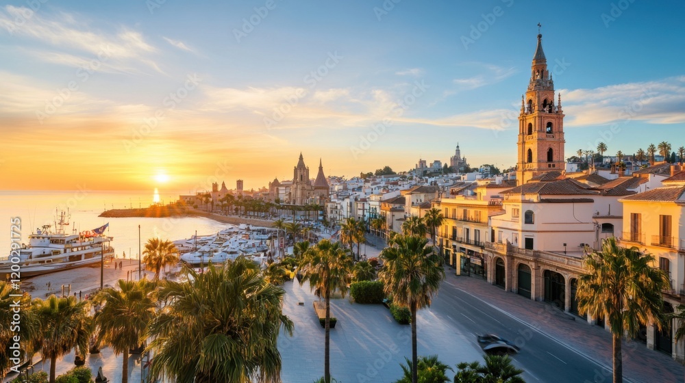 Naklejka premium Beautiful sunset over coastal town with palm trees, yachts, and historic architecture, vibrant sky, scenic ocean view