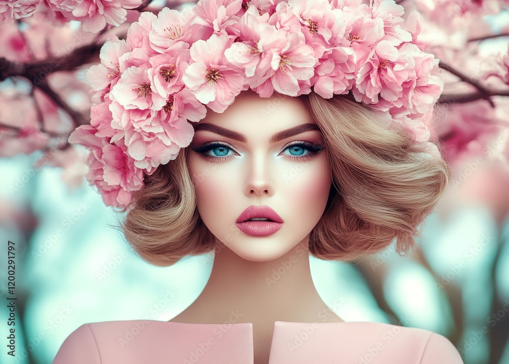 Beautiful model wearing a flower wreath and smoky eye makeup