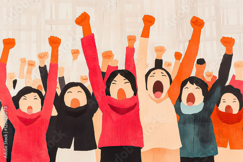 Abstract illustration of diverse people raising fists and voices in solidarity and activism