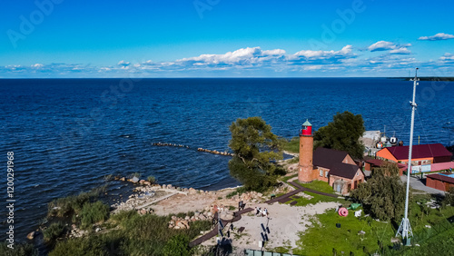 Polessk, Kaliningrad region, Russia, September 04, 2022 Old lighthouse in the village Zalivino