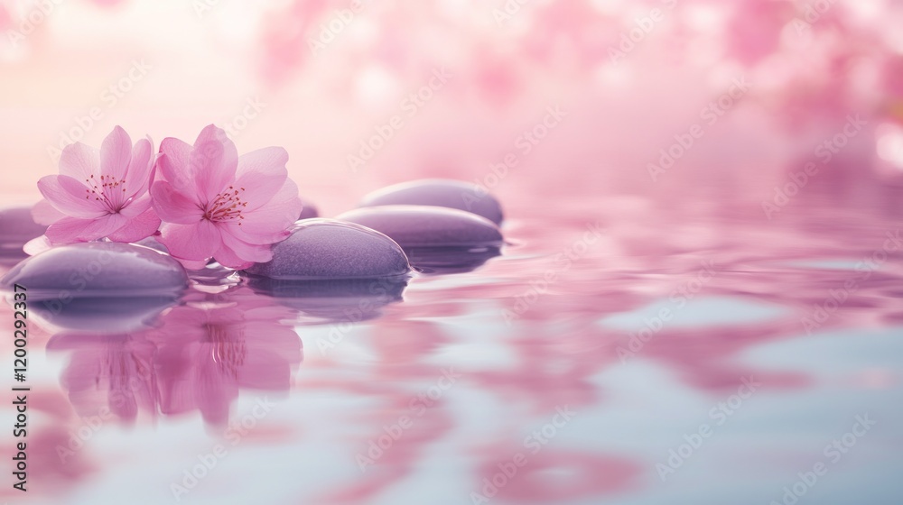 Serene Spa Serenity: Pink Blossoms and Smooth Stones Reflecting on Tranquil Water Serene Spa Serenity: Pink Blossoms and Smooth Stones Reflecting on Tranquil Water