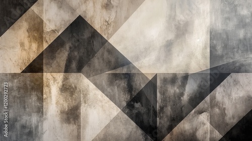 Abstract geometric artwork with neutral tones, textured patterns, and overlapping triangle shapes