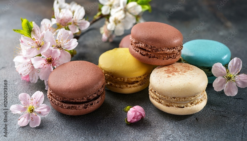 French sweet macaroons colorful variety on a concrete background with spring blossom French sweet macaroons colorful variety on a concrete background with spring blossom