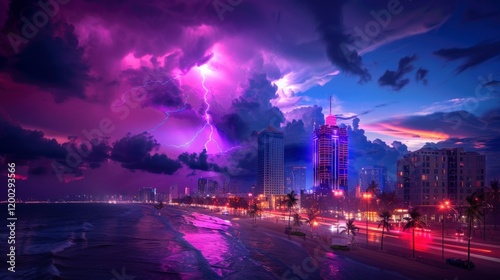 Powerful electrical current energy. Flash of lightning in a magic frame. Neon discharge in smoke effect.