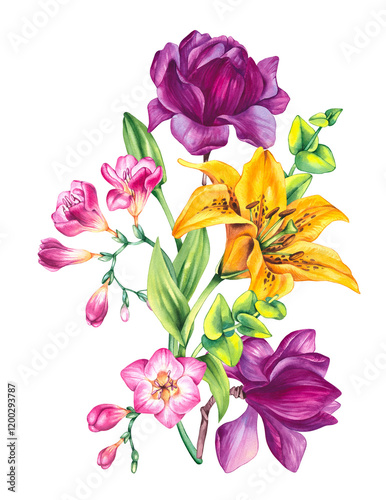 Watercolor floral bouquet of freesia, lily, magnolia, eucalyptus isolated on white background. Hand drawn flowers for designer cards, invitations, holidays. Floral bouquet