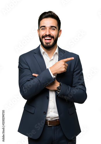 homem empresario sorrindo e apontado para o lado isolado no fundo branco