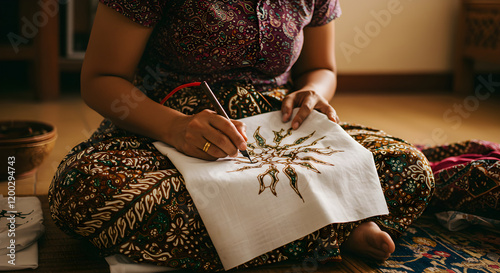 Woman Creating Intricate Batik Patterns with Traditional Techniques in Bali, Indonesia