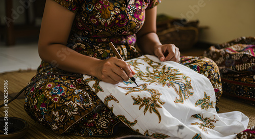 Woman Painting Batik Patterns with Vibrant Colors in Bali, Indonesia photo