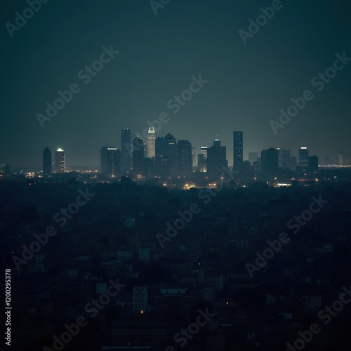 Night cityscape view.  City skyline illuminated at night, a sprawling urban landscape. Dark city, glowing lights, tranquil scene. photo