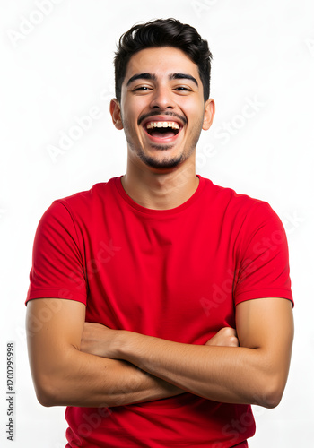 homem alegre de camiseta vermelha, jovem demonstra felicidade isolado no fundo branco photo