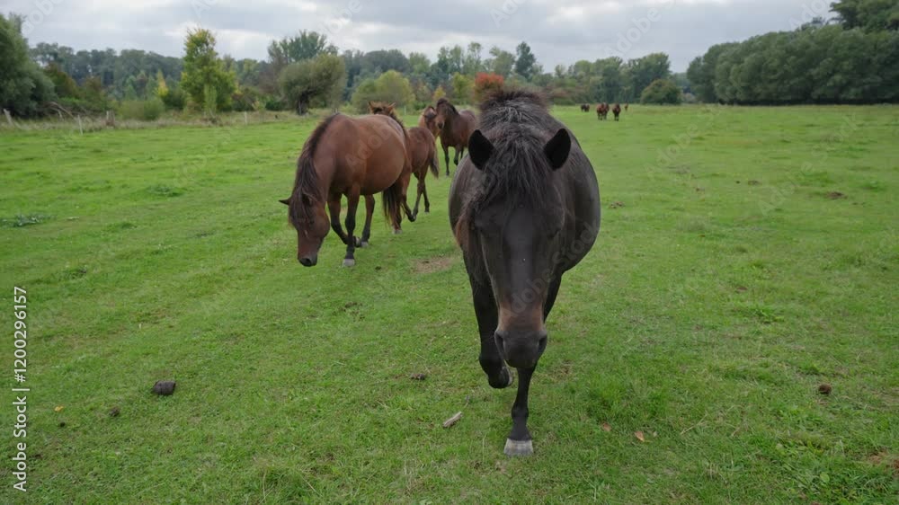 A group of horses are walking in a field. The horses are brown and black. The field is green and lush A group of horses are walking in a field. The horses are brown and black. The field is green and lush