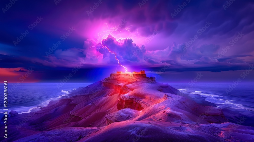 Naklejka premium Powerful electrical current energy. Flash of lightning in a magic frame. Neon discharge in smoke effect.