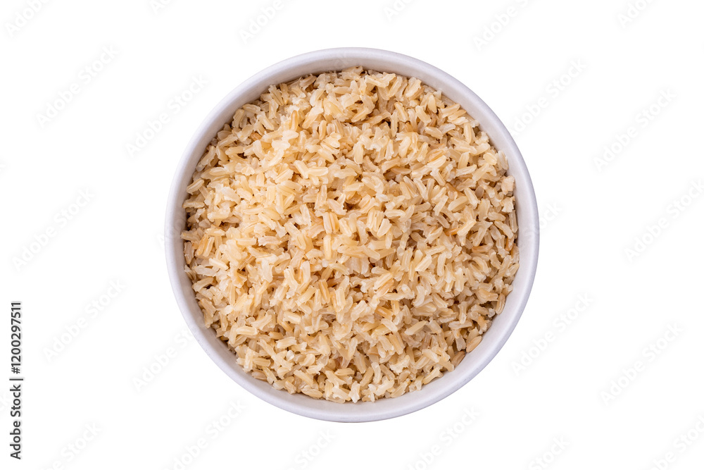 Cooked brown whole rice in a bowl isolated over white background Cooked brown whole rice in a bowl isolated over white background