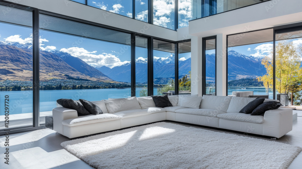 Fototapeta premium Elevated Comfort: A Modern Living Room with Panoramic Mountain and City Views