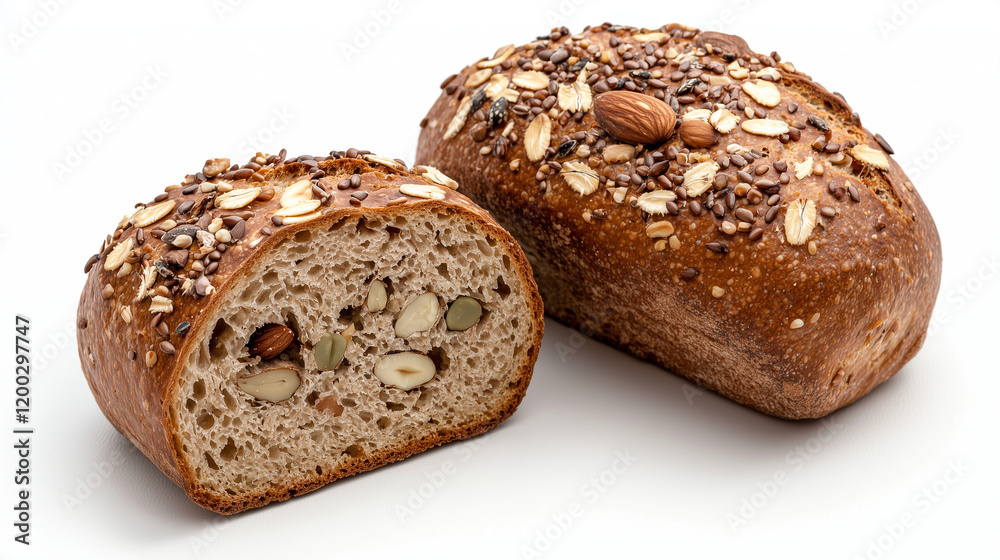 Rustic Loaf Cut in Half Showing Seeds and Nuts Texture Rustic Loaf Cut in Half Showing Seeds and Nuts Texture