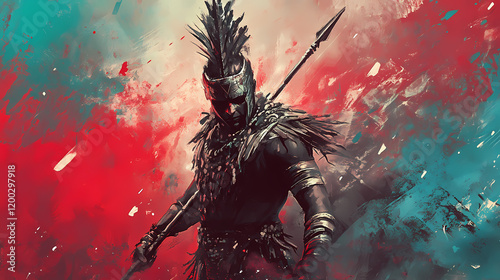 Majestic warrior posing with spear against abstract red and blue background. Dark Fantasy Warrior. Illustration