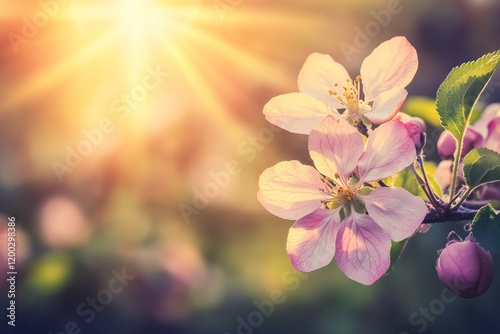 Floral spring background featuring blooming white cherry blossoms, set against a picturesque springtime scene