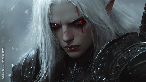 Sinister elf with white hair and piercing red eyes, clad in dark armor, smirking with a wicked expression. Dark Fantasy Warrior. Illustration