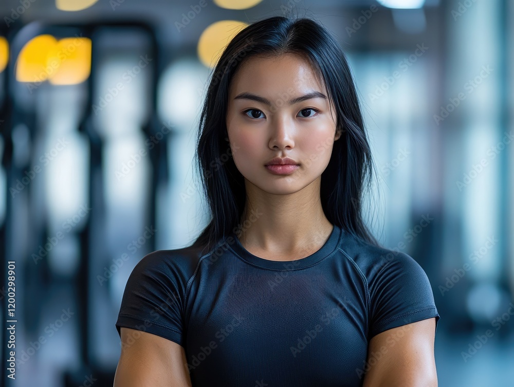 Young Asian woman ready for workout in bright gym with blurred equipment in the background