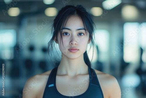 Young Asian woman in athletic wear focused and ready for a workout in a bright gym Free Download Young Asian woman in athletic wear focused and ready for a workout in a bright gym - GFXLoad