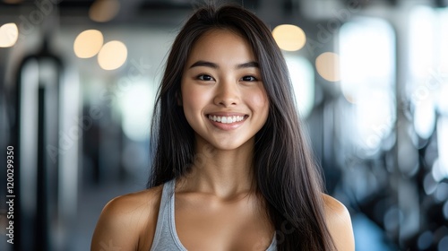 Cheerful Asian woman with long hair smiles in a brightly lit gym filled with fitness equipment