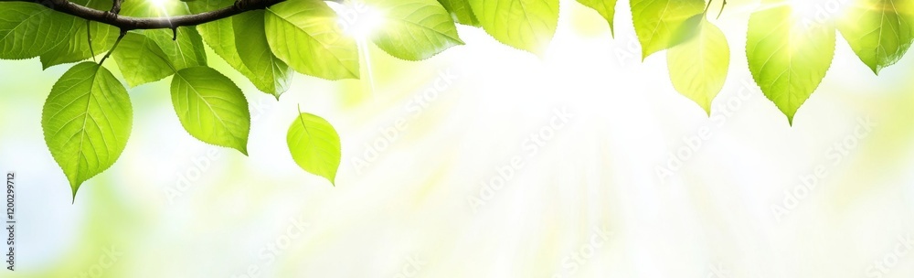 A banner showcasing fresh green leaves against a spring background, representing new life and the essence of nature A banner showcasing fresh green leaves against a spring background, representing new life and the essence of nature