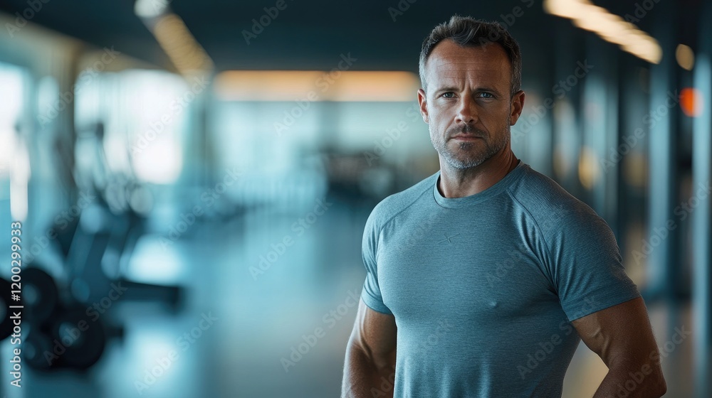 Fit European man in a modern gym with bright lighting and a focused expression standing confidently among workout equipment Fit European man in a modern gym with bright lighting and a focused expression standing confidently among workout equipment
