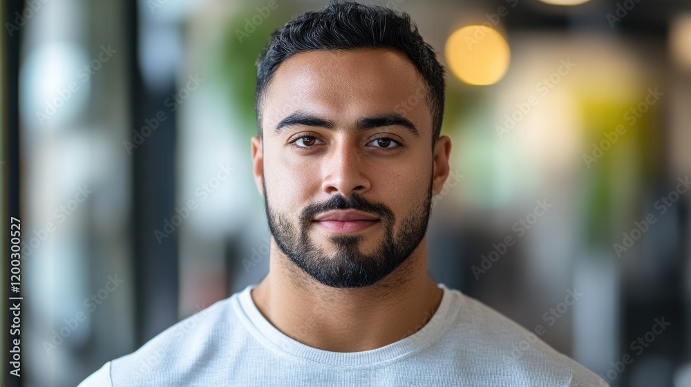Confident Middle Eastern man standing in a bright gym, showcasing strength and determination while embracing fitness culture Confident Middle Eastern man standing in a bright gym, showcasing strength and determination while embracing fitness culture