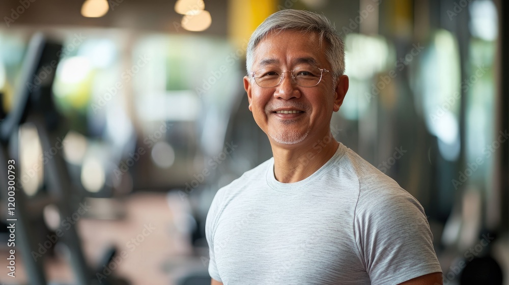 Senior Asian man with a warm smile in a bright modern gym enjoying fitness activities Senior Asian man with a warm smile in a bright modern gym enjoying fitness activities