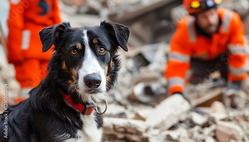 A rescue dog assists in recovery efforts amidst rubble and debris after a disaster. photo