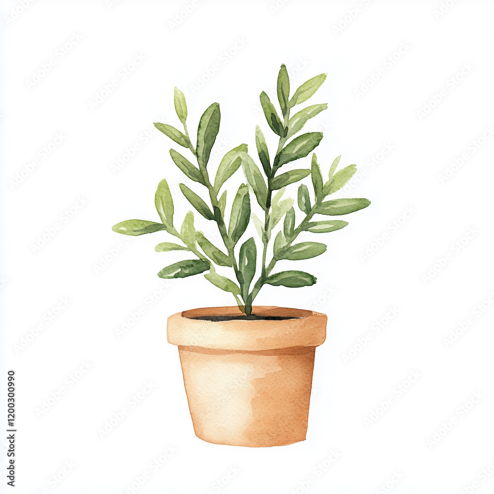鉢植えの水彩イラスト、観葉植物、ハーブ、手描き 鉢植えの水彩イラスト、観葉植物、ハーブ、手描き