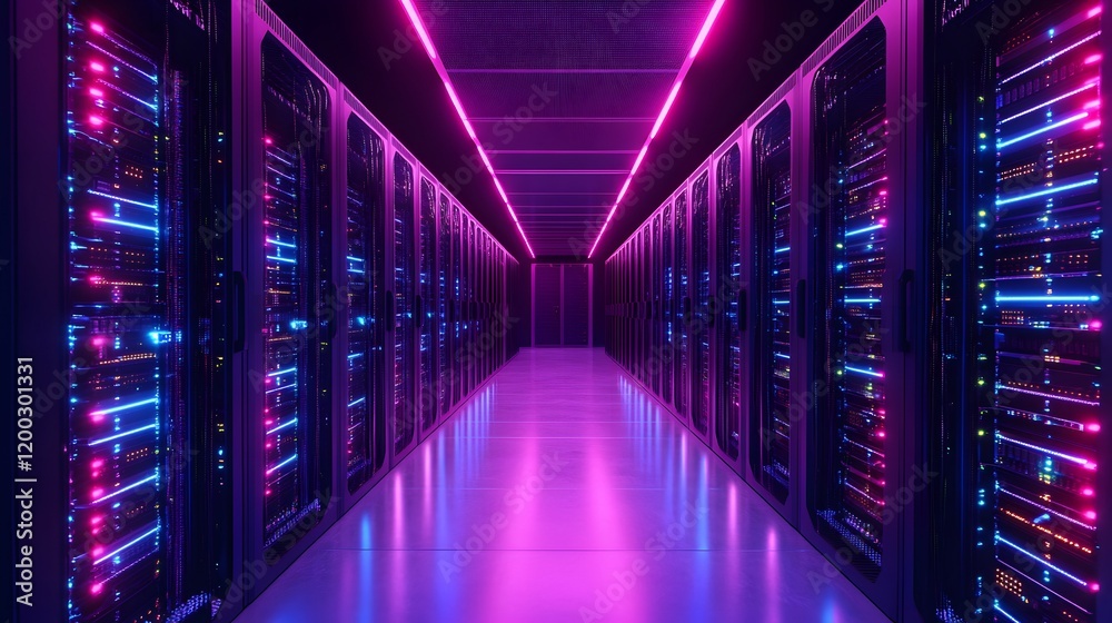 A stunning view of a modern server room illuminated by vibrant pink and blue lights. The sleek rows of servers create an atmosphere of innovation and digital advancement. A stunning view of a modern server room illuminated by vibrant pink and blue lights. The sleek rows of servers create an atmosphere of innovation and digital advancement.