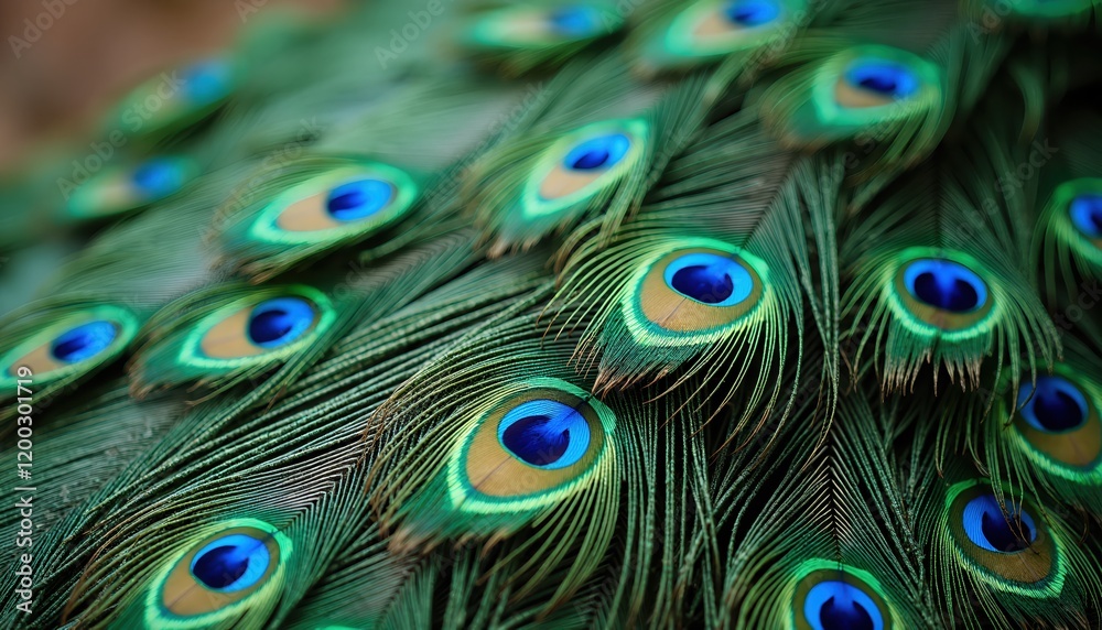 Fototapeta premium Close-up of vibrant peacock feathers. Intricate details and rich colors showcased in this stunning natural pattern. A beautiful display of nature's artistry.