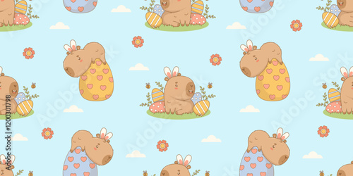 Easter Seamless pattern. Funny cute capybara in bunny ears with paschal decoration eggs on  blue background with flowers. Holiday cartoon kawaii animal. Horizontal Vector illustration. Kids collection