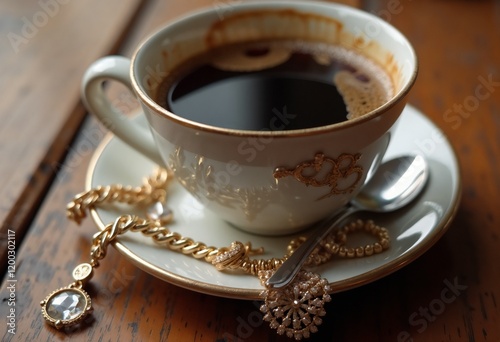 Vintage coffee cup with jewelry and warm tones