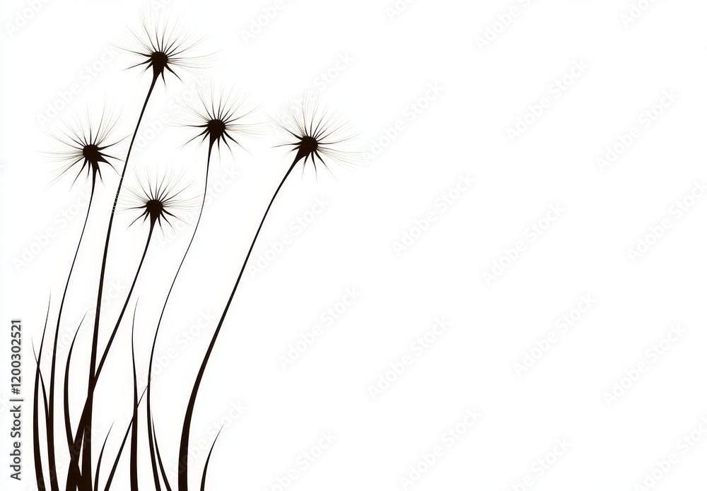 Dandelions with their floating seeds, delicate silhouettes of dandelion flowers. Modern illustrations of blooming dandelion puffballs during spring. Fluffy dandelion nature silhouette Dandelions with their floating seeds, delicate silhouettes of dandelion flowers. Modern illustrations of blooming dandelion puffballs during spring. Fluffy dandelion nature silhouette