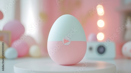 Pastel Pink And Green Egg With Play Button On A Round Table In A Light Room. Copy Space. photo